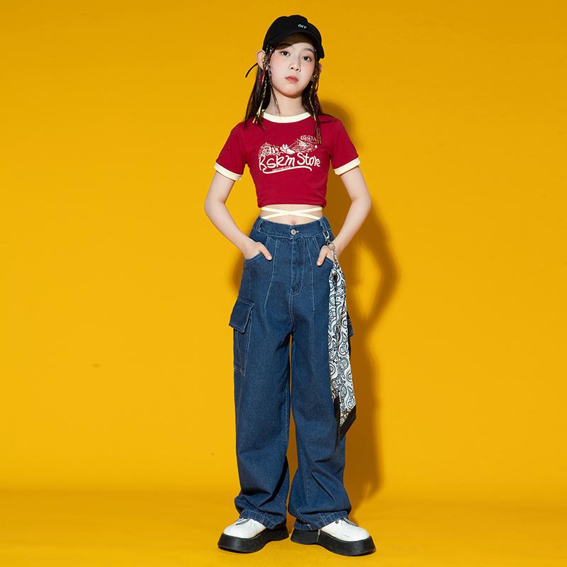 女の子 へそ出し トップス 夏 キッズ おしゃれ カジュアル ヒップホップ ダンス 衣装 半袖 Tシャツ ラウンドネック ワイドパンツ 上下セット アルファベッ...