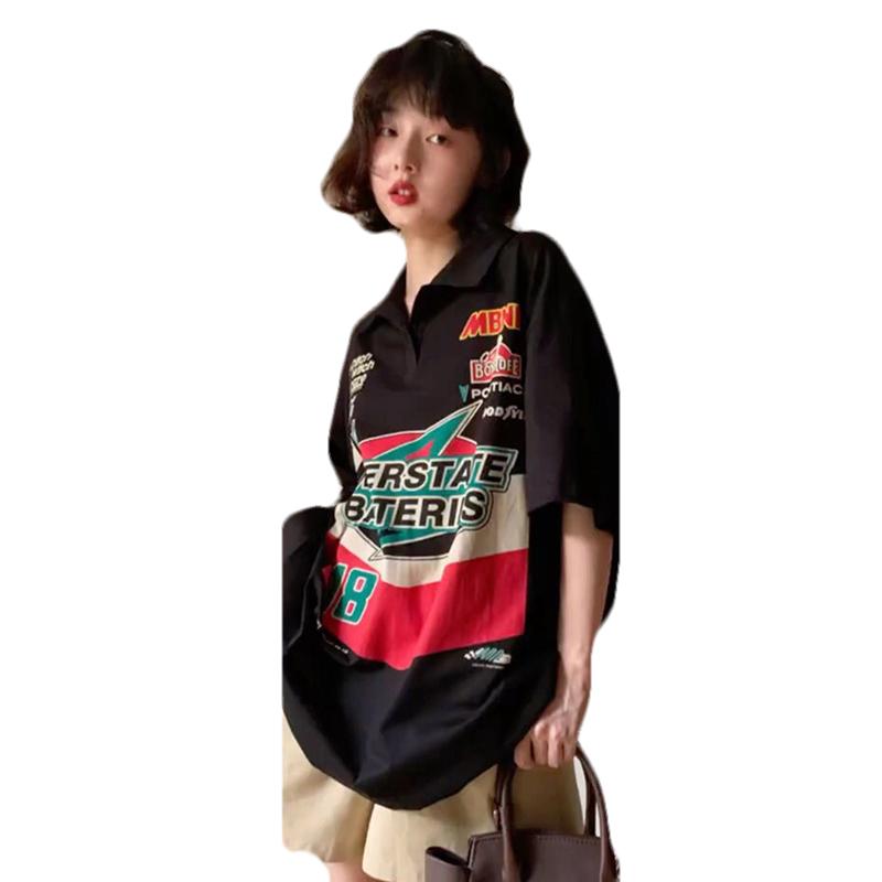 ポロシャツ レディース五分袖 半袖 ゆったり トップス 夏 レトロ おしゃれ カジュアル 襟あり vネック 薄手 綿 大きいサイズ 黒