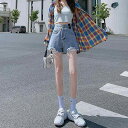 デニム ショートパンツ レディース ダメージ 夏 薄手 大きいサイズ ゆったり ハイウエスト Aライン スリム 痩身 ダブルボタン ポケット 青 黒