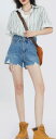 デニム ショートパンツ レディース ダメージ 夏 ハイウエスト ゆったり ポケット ボタン 青 カジュアル シンプル おしゃれ