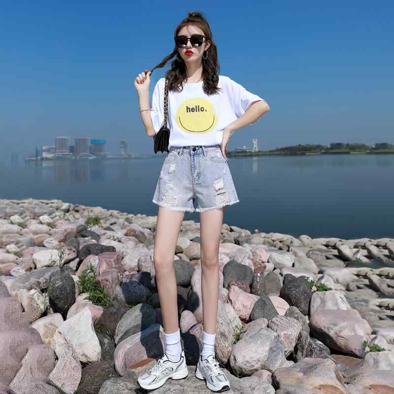 乐天商城 - デニム ショートパンツ レディース ダメージ ハイウエスト 夏 ゆったり 大きいサイズ 履きやすい 薄手 青 黒 カジュアル シンプル
