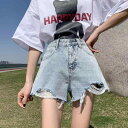 デニム ショートパンツ レディース ダメージ 夏 ハイウエスト 大きいサイズ ゆったり 履きやすい ポケット カジュアル おしゃれ バックプリント 青