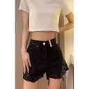デニム ショートパンツ レディース ダメージ 大きいサイズ ハイウエスト スリム 履きやすい ポケット 刺繡 黒 青 カジュアル おしゃれ