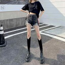 デニム ショートパンツ レディース ダメージ 夏 ハイウエスト 薄手 スリム 大きいサイズ ボタン ポケット グレー 青 カジュアル おしゃれ