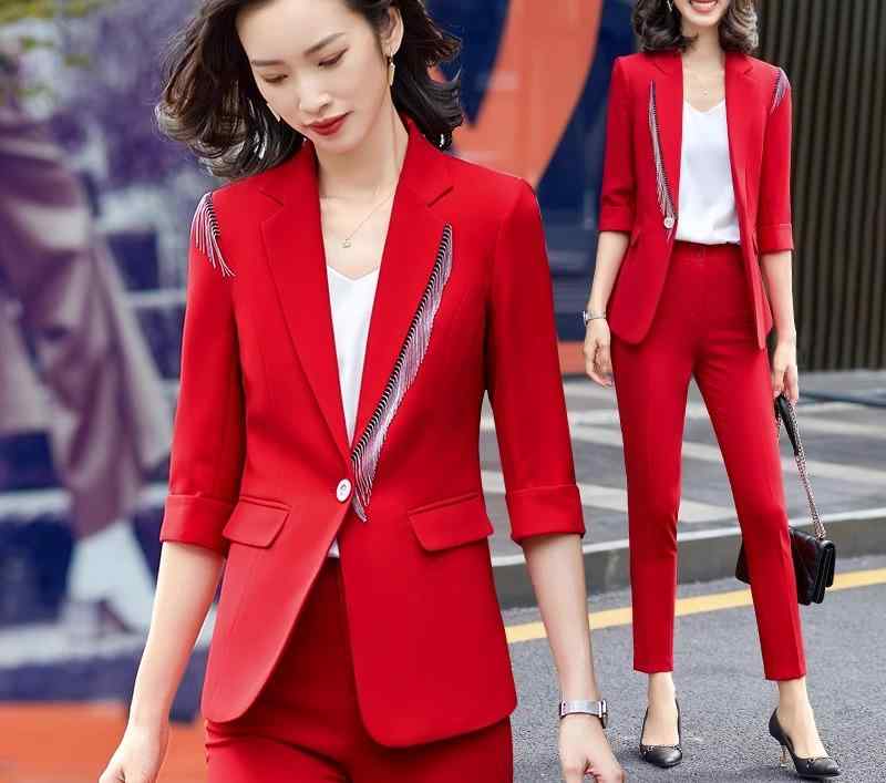 パンツスーツ レディース セットアップ 韓国 夏 薄手 五分袖 ジャケット 上着 ズボン スタイリッシュ きれいめ おしゃれ 大きいサイズ 派手 パープル レッド ブラック