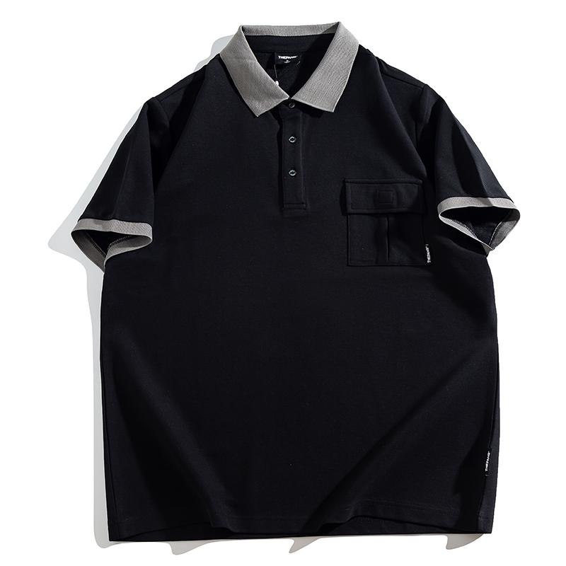 ポロシャツ メンズ おしゃれ 大きいサイズ 半袖 配色襟 ゆったり ワイドシルエット 夏 カジュアル ブラック