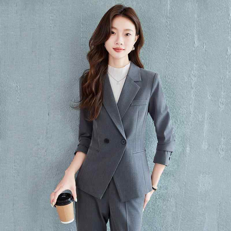 Suits For Job Interviews - スーツ レディース セットアップ パンツ 春秋 長袖 グレー ネイビー ブラック 通勤 面接 リクルート オフィス ビジネス フォーマル 事務服 ポリエステル レーヨン 洗える きれいめ 上品 テーラードジャケット