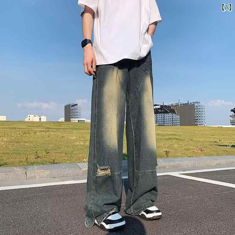 ダメージジーンズ メンズ 大きいサイズ ヴィンテージ風 ウォッシュ加工 ルーズ ストレート スリット ロング デニム かっこいい ゆったり オールシーズン