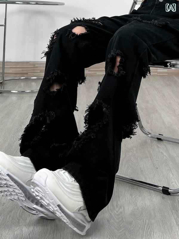 ダメージジーンズ メンズ 大きいサイズ レトロ 黒 男女兼用 ストリート ロング ジッパー デニム 夏 ストレート カジュアル ゆったり かっこいい