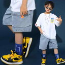 デニム ハーフパンツ 男の子 ゆったり 履きやすい ウエストゴム 大きいサイズ 女の子 キッズ 上下セット 夏 Tシャツ ビック英文字プリント 白 青