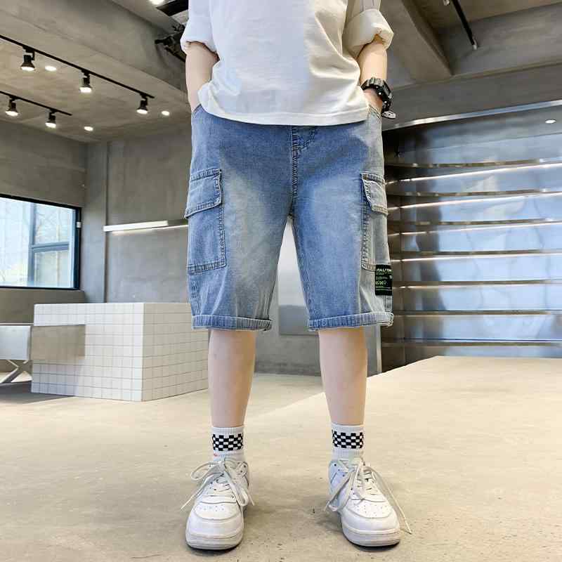 Long-Trousers, Trousers - デニム ハーフパンツ 男の子 キッズ 大きいサイズ ゆったり 履きやすい 夏 薄手 ウエストゴム ポケット 通気性 青 カジュアル シンプル