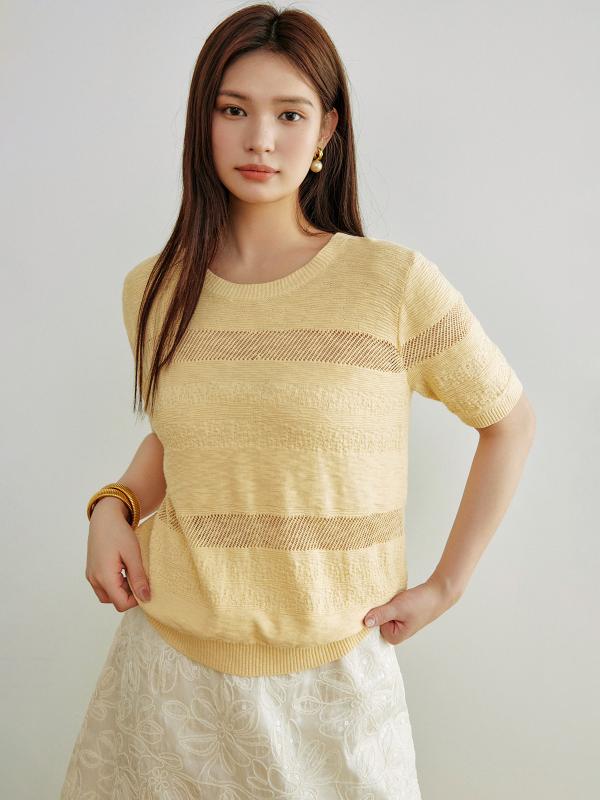 Tシャツ レディース おしゃれ 半袖 ニット 快適 柔らかい肌触り 通気性 鎖編み透かし模様 夏 シンプル カジュアル
