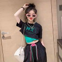 へそ出し トップス キッズ 女の子 半袖 Tシャツ タンクトップ パンツ セットアップ 夏 ショート ラウンドネック クロップド コットン スウェット ダンス ...