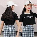 へそ出し トップス キッズ 女の子 半袖 Tシャツ 夏 ショート ラウンドネック クロップド コットン ストレッチ 通気性 韓国 ダンス ヒップホップ ストリート パフォーマンス 衣装 練習 おしゃれ カジュアル プリント ブラック