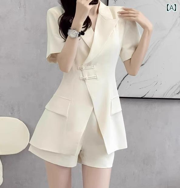 セットアップ レディース ショートパンツ ジャケット ボトムス トップス 夏 半袖 大きいサイズ 体型カバー ミドル丈 チャイナボタン ポケット 無地 カジュアル 白 黒