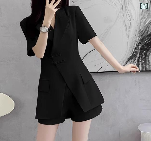 セットアップ レディース ショートパンツ ジャケット ボトムス トップス 夏 半袖 大きいサイズ 体型カバー ミドル丈 チャイナボタン ポケット 無地 カジュアル 白 黒