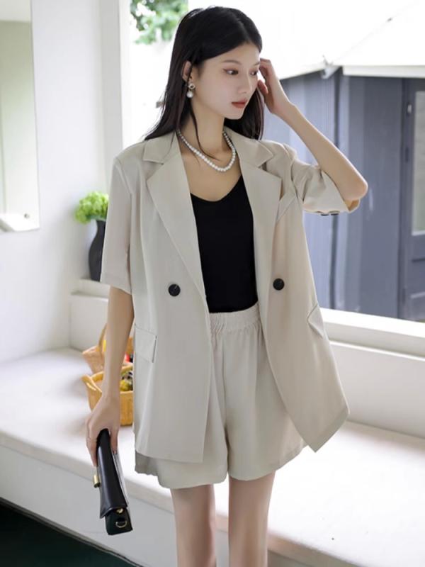 セットアップ レディース ショートパンツ ジャケット ボトムス トップス 夏 半袖 大きいサイズ ミドル丈 ゆったり ポケット 着回し カジュアル アプリコット 黒