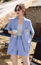 セットアップ レディース ショートパンツ ジャケット ボトムス トップス 夏 韓国 半袖 シングルブレスト ポケット ゆったり 柔らかい 着回し カジュアル 青 白