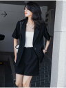 セットアップ レディース ショートパンツ ジャケット ボトムス トップス 女性 半袖 ツーピース シングルブレスト 着回し 大きいサイズ シンプル カジュアル ベージュ 黒 グレー