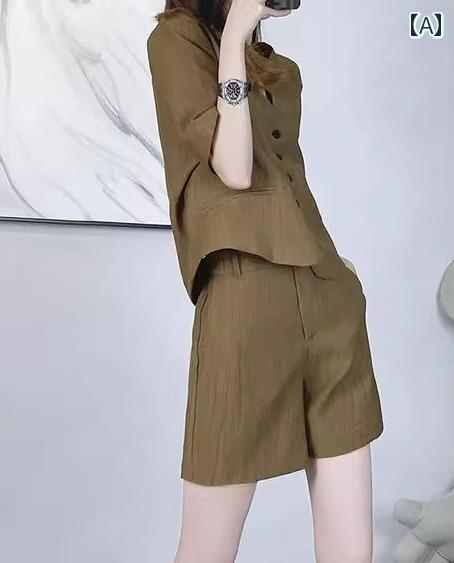 セットアップ レディース ショートパンツ ジャケット ボトムス トップス 5分袖 夏 ワイドレッグ ノーカラー ボタン カジュアル カーキ