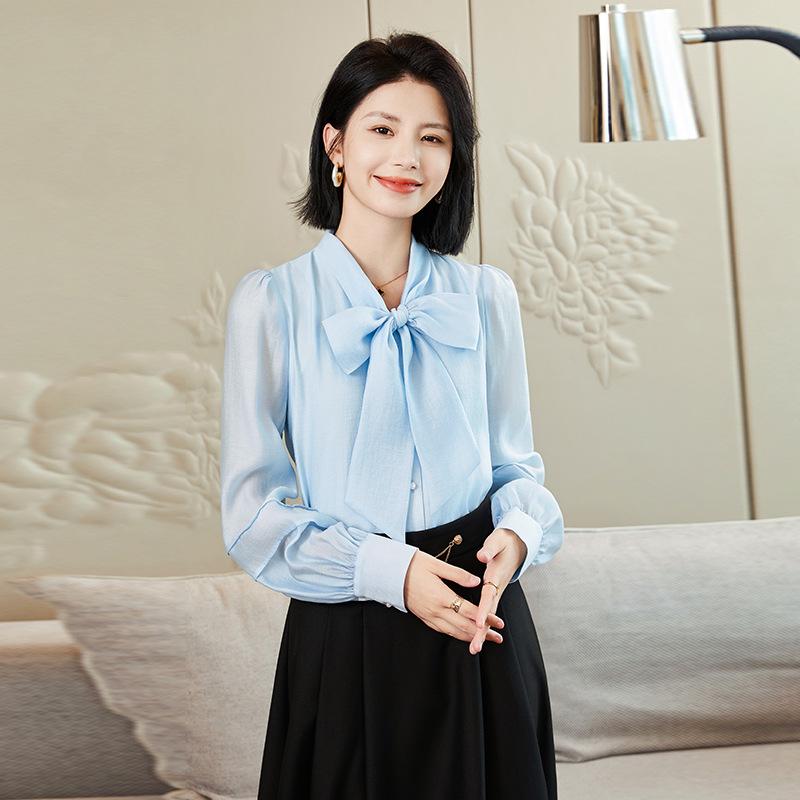 Pants Suit - シャツ レディース ブラウス トップス 長袖 リボン フレンチ スタンドカラー オフィスカジュアル 通勤 事務服 高級感 ゆったり 大きいサイズ きれいめ 上品 エレガント 秋冬 シェニール 無地 スカイブルー ベージュ