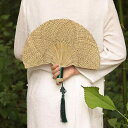 うちわ おしゃれ 春夏 エスニック 手織り ガマ タッセル ループ ポータブル 壁掛け インテリア 雑貨 リゾート レトロ ナチュラル シンプル 円形 扇形
