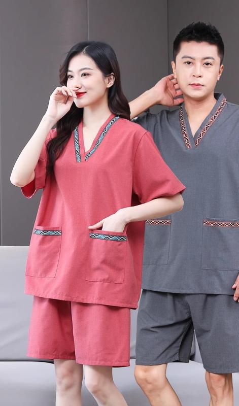 サウナ服 岩盤浴 ウェア マッサージ 温泉 服 コットン リネン 半袖 半ズボン Vネック レディース メンズ カップル 友人 おそろい ペアルック 大きいサイズ パジャマ リラックス 部屋着 ピンク グレー カーキ