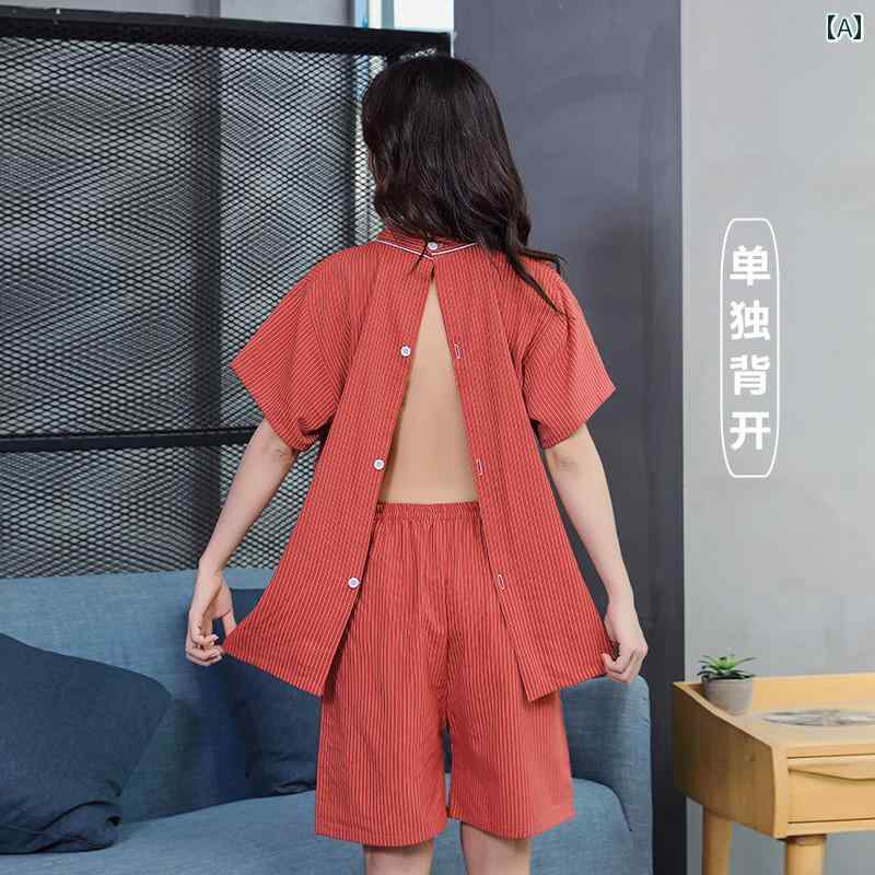 サウナ服 岩盤浴 ウェア マッサージ 服 レディース メンズ 綿 前後 後ろ開き オープン ボタン Vネック 半袖 長袖 大きいサイズ パジャマ 部屋着 レッド グレー マルーン ストライプ 柄