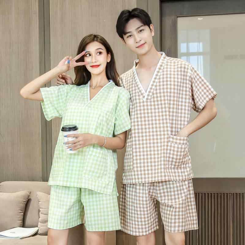 サウナ服 岩盤浴 ウェア マッサージ 服 メンズ レディース キッズ 綿 半袖 半ズボン Vネック ポケット パジャマ 部屋着 リラックス 大きいサイズ ブラウン グリーン チェック 柄