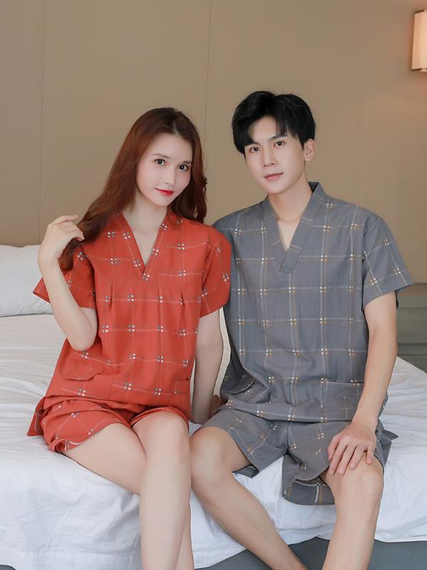 サウナ服 岩盤浴 ウェア マッサージ 服 レディース メンズ カップル ペアルック 韓国 コットン 半袖 半ズボン Vネック ポケット パジャマ 部屋着 大きいサイズ