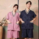 サウナ服 岩盤浴 ウェア マッサージ 服 コットン メンズ レディース 半袖 半ズボン Vネック ポケット パジャマ 部屋着 大きいサイズ