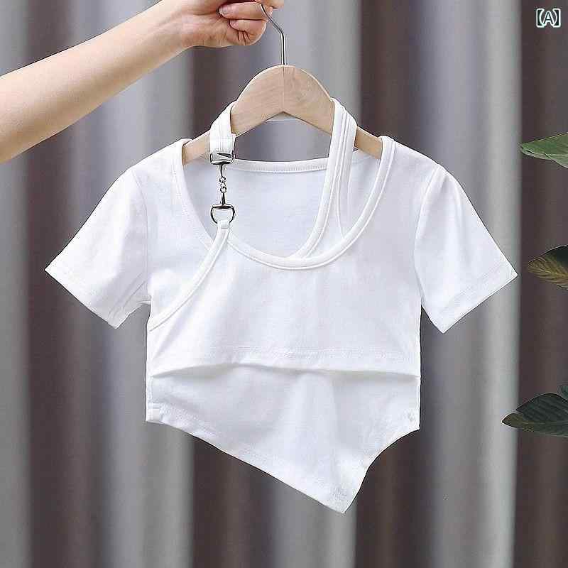 クロップド丈 トップス 女の子 キッズ 半袖 韓国 Tシャツ アシンメトリー 夏 ラウンドネック 大きいサイズ シンプル 無地 おしゃれ 白 黒