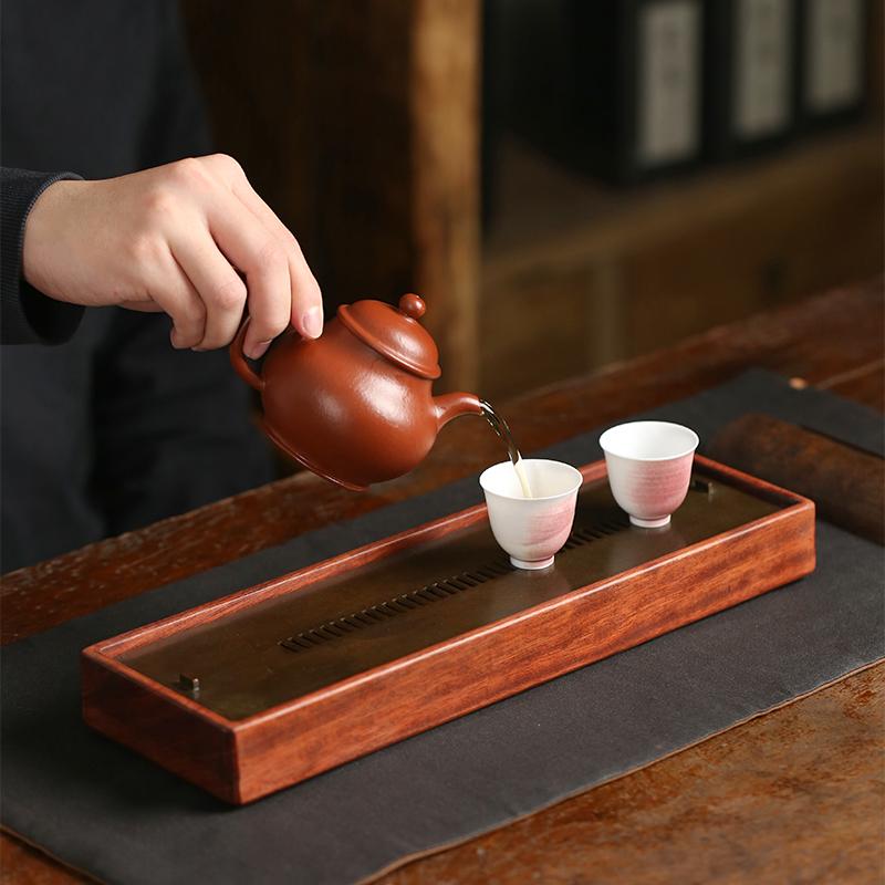 お盆 トレー 木製 ローズウッド 家庭用 無垢材 長方形 銅 排水 シンプル ナチュラル 普段使い レトロ プレゼント リビング お茶 チャイナ風 滑り止め