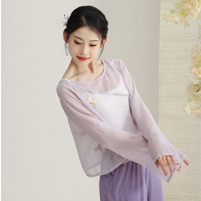 ダンス衣装 チャイナ風 クラシック ゆったり 練習着 パフォーマンス レディース エレガント ガーゼ メッシュ カーキ 紫 シンプル 長袖 薄手