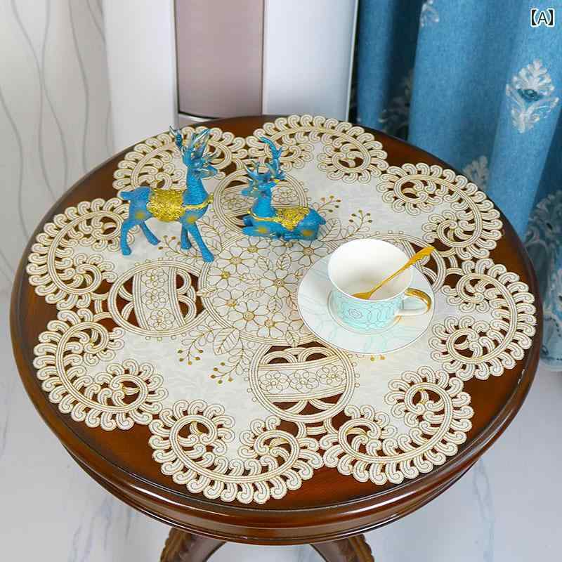 テーブルセンター レース ラウンド 刺繍 透かし模様 防塵 カバー インテリア ダイニング 装飾 クロス おしゃれ アメリカン エレガント ゴールド グレー