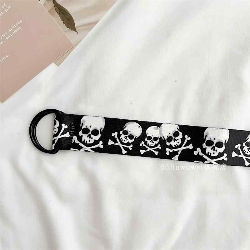 ベルト フリーサイズ 調整 穴なし ユニセックス キャンバス 幅広 スカル柄 ジーンズ ウエストマーク 引き締め ダブルリング バックル おしゃれ カジュアル 2本セット 黒(4.0)