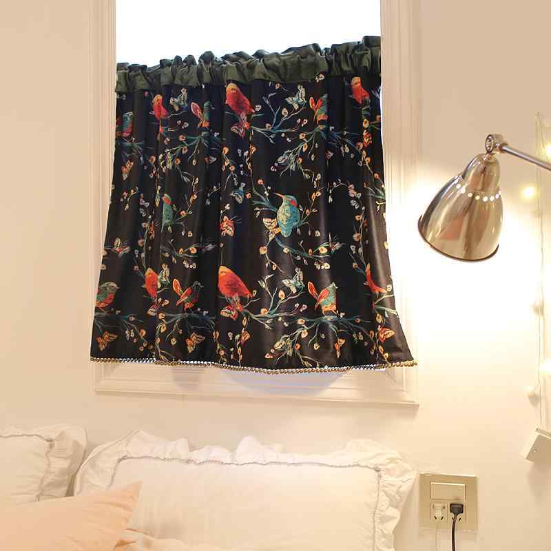 おしゃれ カフェカーテン 柄 アメリカン ショート キャビネット 黒 鳥 ナチュラル モダン ベルベット レトロ リビング キッチン 小窓 インテリア 目隠し