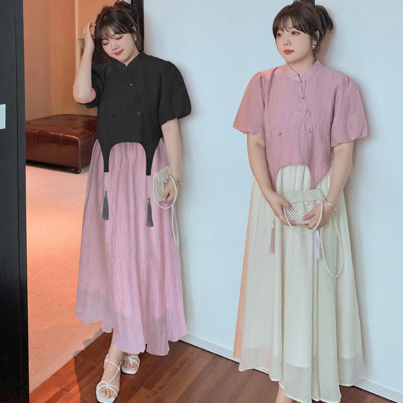 上下セット レディース 大きいサイズ ぽっちゃり エレガント パフスリーブ ウエストゴム 体型カバー 中国風 スカート ゆったり 黒 ピンク トップス 半袖 フリンジ 通気性