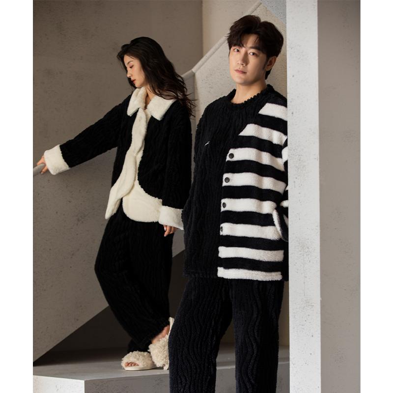 ルームウエア レディース 秋冬 カップル パジャマ 女性 男性 ストライプ 厚手 裏地 ゆったり 大きいサ..