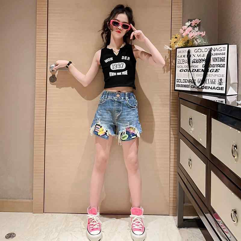 ショートパンツ キッズ 女の子 デニム 夏 薄手 リップド ジーンズ ミッドライズ ジ...