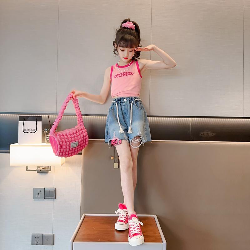 ショートパンツ キッズ 女の子 夏 リップド デニム 破れ 薄手 韓国 ジュニア ハイウエスト カジュアル おしゃれ ウエストゴム 通気性 青