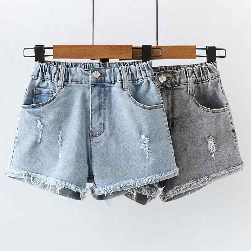 Short Pants - ショートパンツ キッズ 女の子 リップド デニム ダメージ加工 薄手 ジュニア カジュアル 韓国 破れ ミッドライズ ウエストゴム 夏 通気性 青 グレー