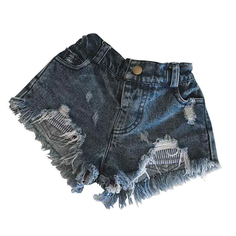 Short Pants - ショートパンツ キッズ 女の子 リップド デニム 夏 ベビー 子供 ダメージ加工 ヴィンテージ風 ミッドライズ ウエストゴム おしゃれ カジュアル 青