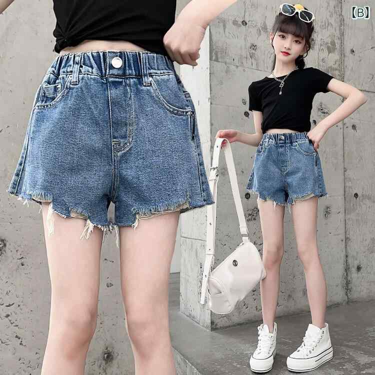 ショートパンツ キッズ 女の子 リップド デニム 夏 子供 ジュニア ハイウエスト ウエストゴム 柔らかい 韓国 薄手 ダメージ加工 ゆったり 青