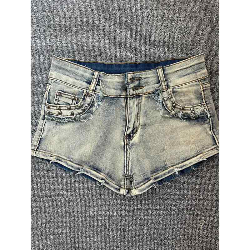 Short Pants - マイクロミニ ショートパンツ おしゃれ セクシー レディース ローライズ デニム ジーンズ 夏 タイト ボディライン強調 ヴィンテージ風 カジュアル スタッズ