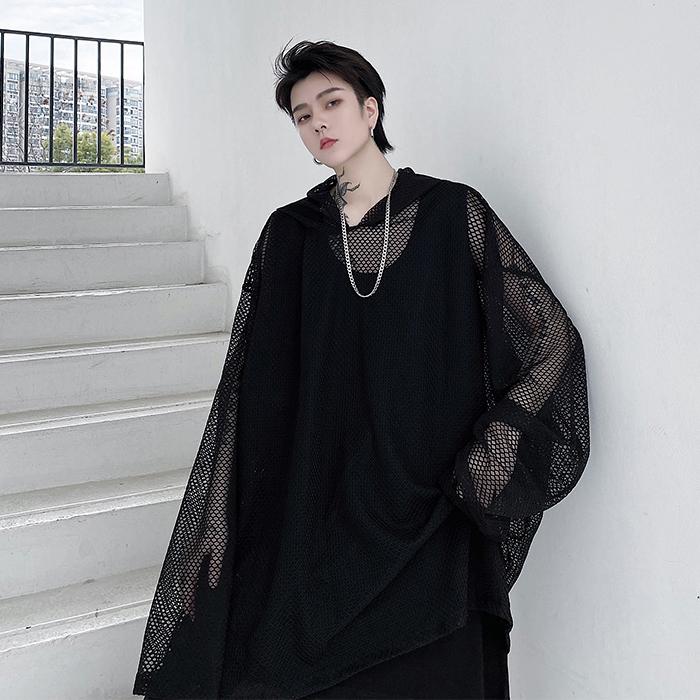 パーカー メンズ 薄手 トップス 長袖 オシャレ 透け 秋 カジュアル メッシュ フード付き レディース ビッグシルエット 黒 白 ゆったりのサムネイル