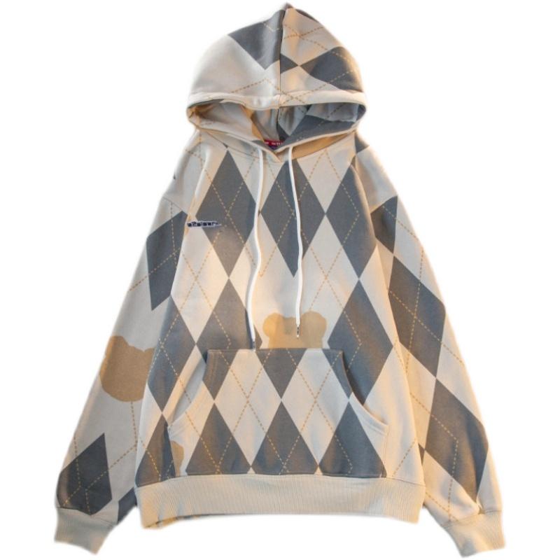 オーバーサイズ パーカー 裏起毛 メンズ クマ 動物 かわいい ゆったり カジュアル レトロ アーガイル ベア 秋冬 レディース ストリート フード付き グレー...