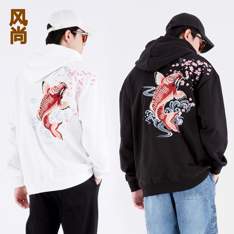 パーカー メンズ 鯉 刺繍 おしゃれ ゆったり カジュアル 中国風 ルーズ フード付き 大きいサイズ トッ..