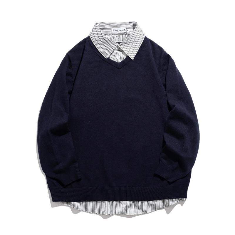 ニット メンズ おしゃれ 大きいサイズ 重ね着風 襟 シャツ レイヤード風 ゆったり カジュアル 長袖