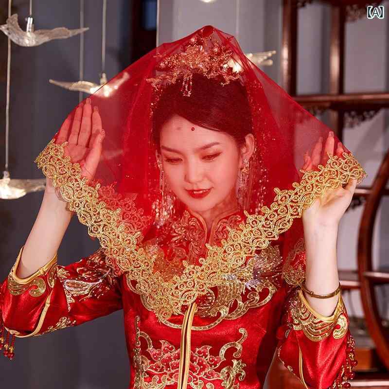 ウェディング ベール 中国風 ヒジャブ ショート丈 ブライダル 結婚式 披露宴 セレモニー 前撮り 刺繍 花柄 豪華 シースルー コスプレ 小道具 赤
